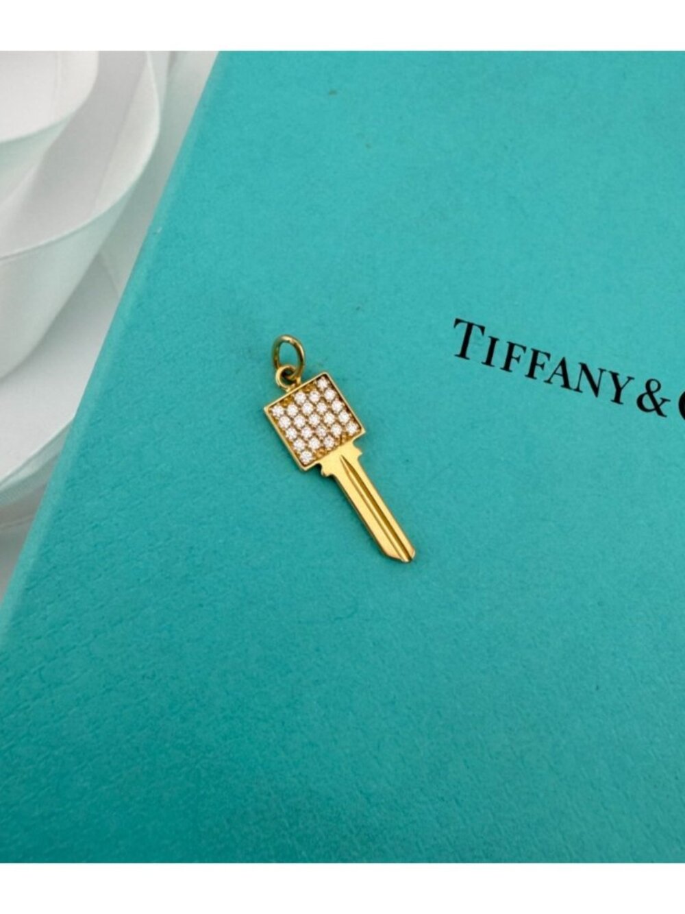 Tiffany & Co Modern Keys Pave Diamond 18k Key Gold Pendant Charm 1in RARE